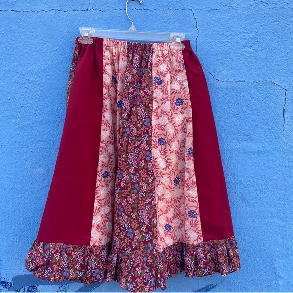 Vintage peasant gypsy Floral Patchwork Midi Skirt with sash floral and lace - Picture 6 of 15
